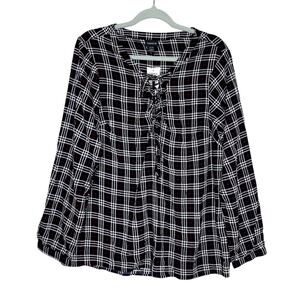 Torrid Lace Up Long Sleeve Plaid Challis Tunic Top Pullover Black Red Large Fall
